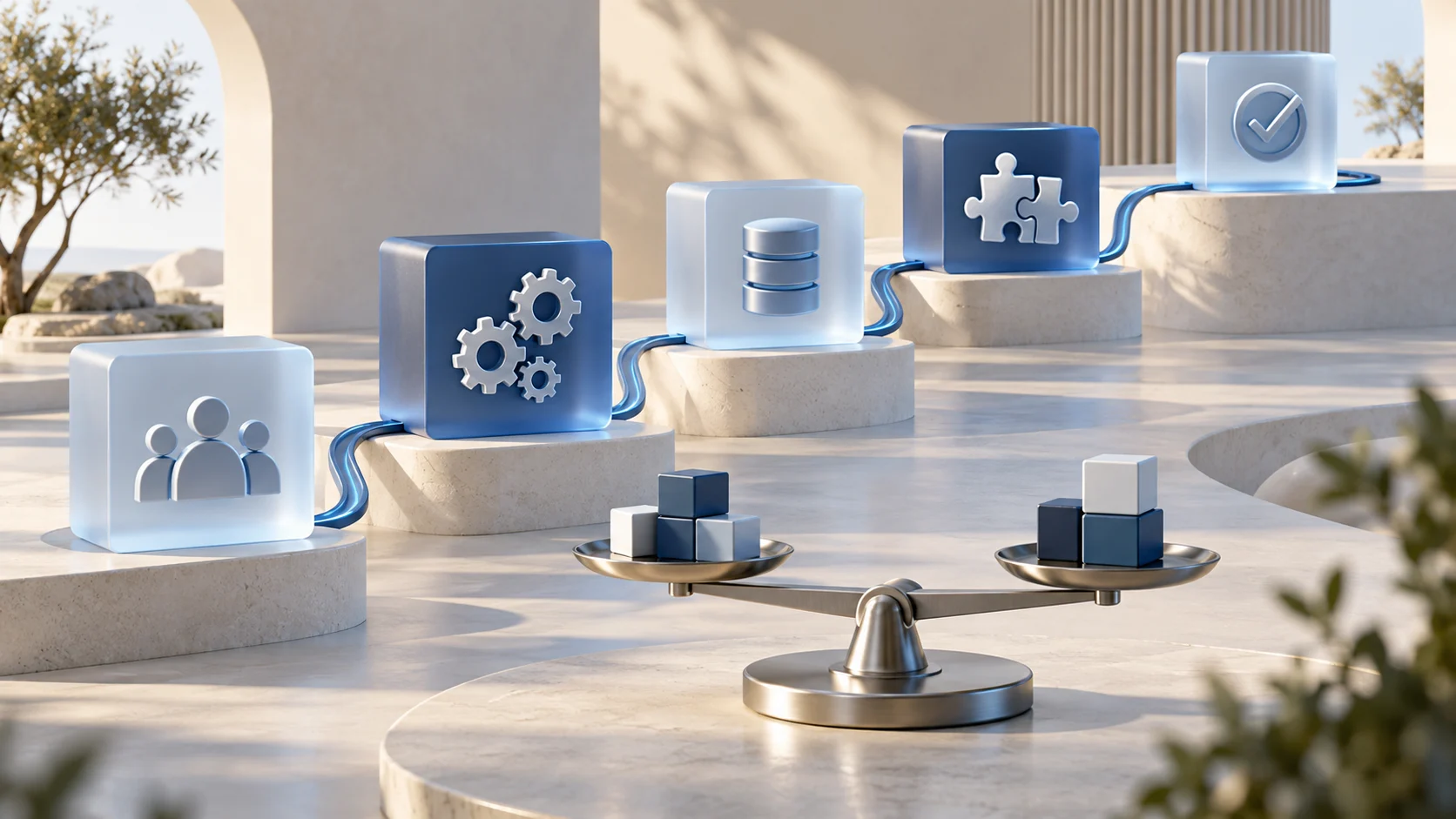 AI illustration of connected project modules forming a Salesforce planning roadmap