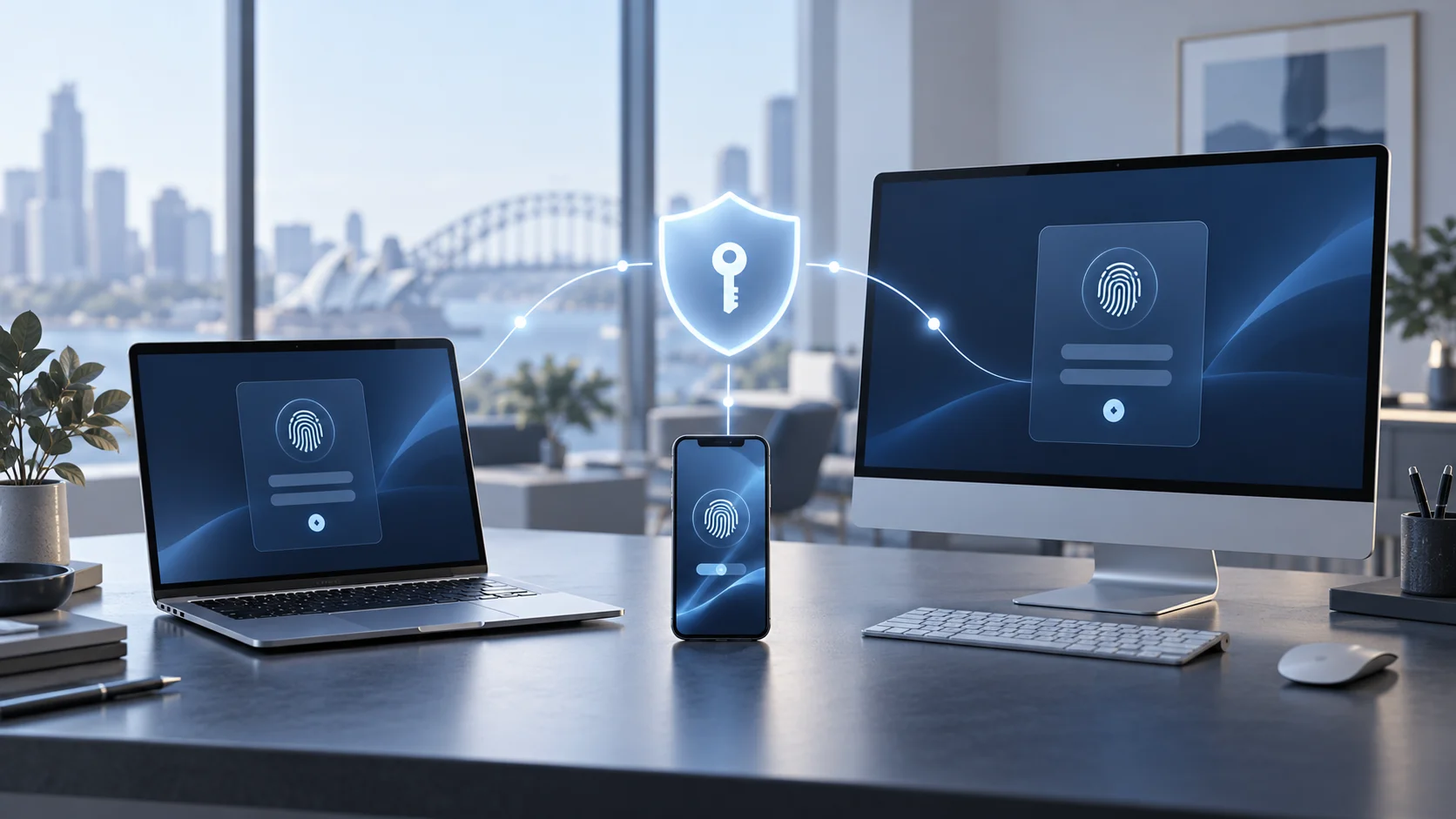 AI-generated illustration of a laptop, phone and desktop with a glowing security key symbol