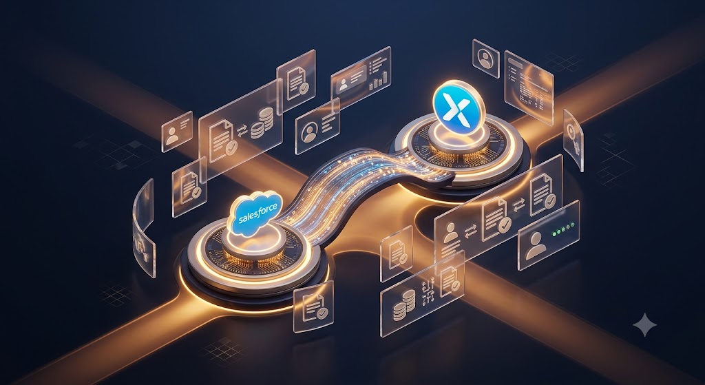 Salesforce and Xero integration diagram showing connected data flow between CRM and accounting platforms