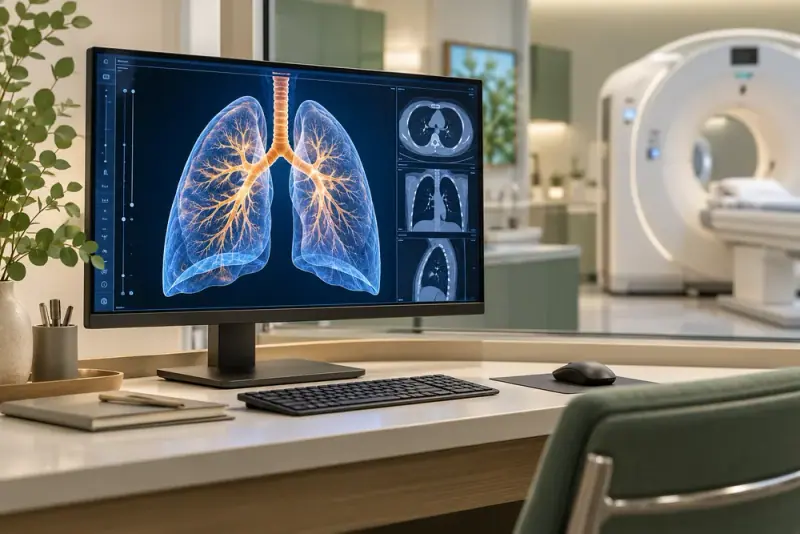 Illustrative scene: Medical imaging workstation showing a tasteful luminous volumetric pair of lungs, dark blue screen, clean diagnostic room.