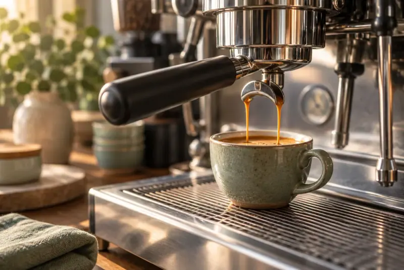 Illustrative scene: Close-up professional espresso machine pouring coffee into a ceramic cup, warm cafe light, no hands or people.