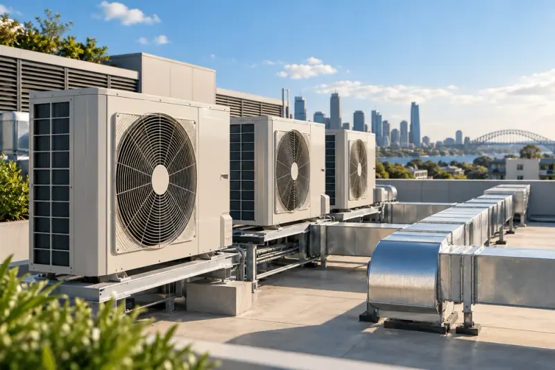 Illustrative scene: Modern commercial air conditioning outdoor units on a clean building rooftop with orderly ventilation ducts, blue sky and city beyond.