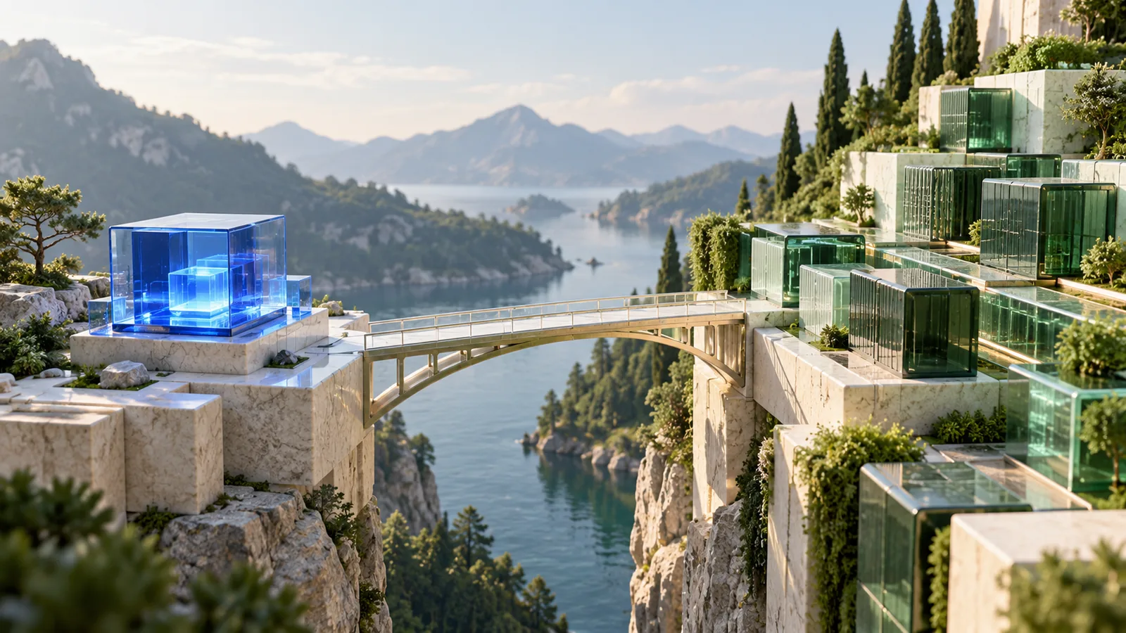 A blue AI module connected by a bridge to an organised green production workflow