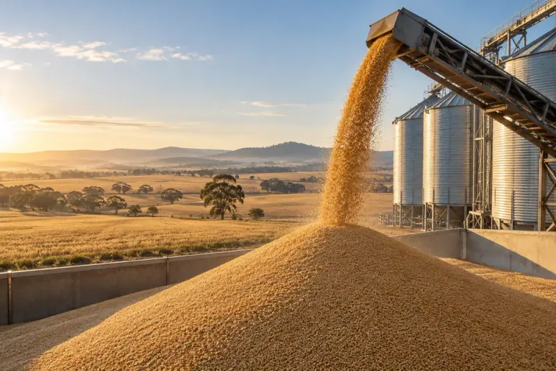 Illustrative scene: Golden harvested grain flowing into a neat mound beside silos, Australian broadacre farmland in background, warm morning light.