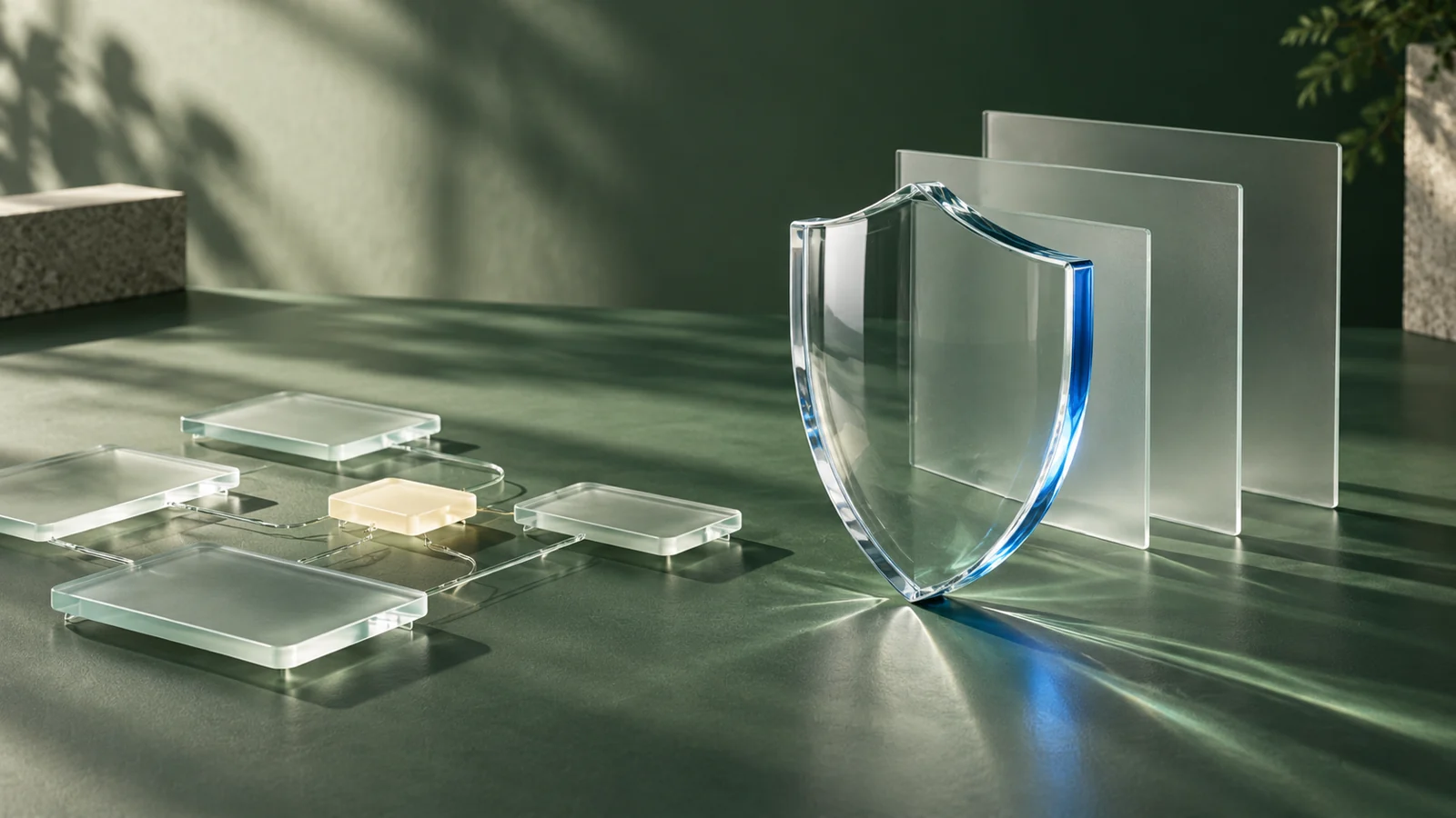 Glass shield and permission layers beside connected data tiles in Adaptal green and blue