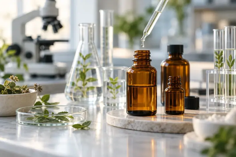 Illustrative scene: Pharmaceutical research still life with amber laboratory bottles, pipette and glassware in a clean laboratory, no labels.