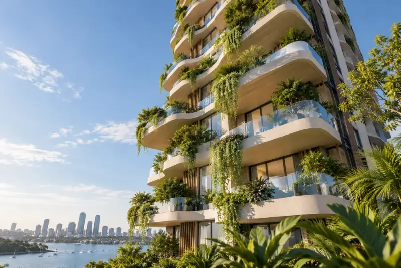 Illustrative scene: Contemporary subtropical apartment tower with cascading green balconies, looking upward against soft blue sky.