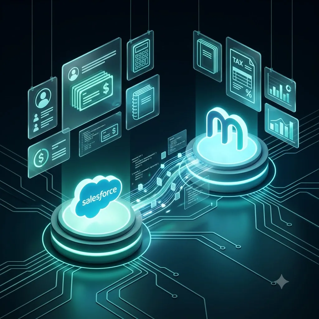 Salesforce and MYOB integration diagram showing connected customer and invoice data between CRM and accounting platforms