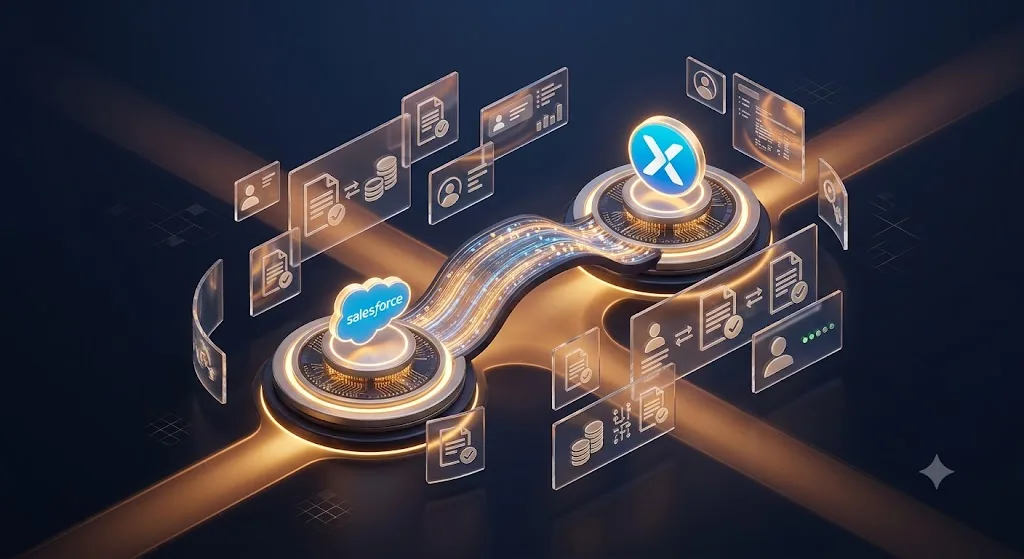 Salesforce and Xero integration diagram showing connected data flow between CRM and accounting platforms