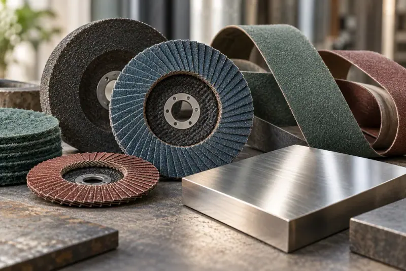 Illustrative scene: Macro photograph of assorted industrial grinding discs, abrasive belts and polished metal sample on a workbench, rich tactile detail.