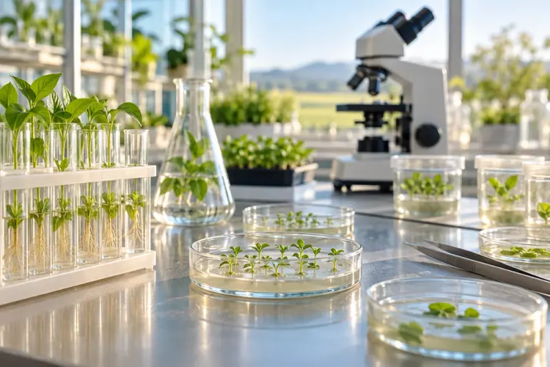 Illustrative scene: Agricultural biotechnology laboratory with young seedlings in glass vessels and petri dishes, bright natural laboratory light.
