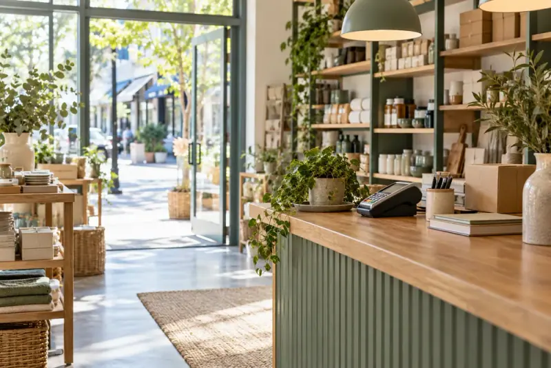 Illustrative scene: Small business shopfront opening onto a bright street, inside counter with card terminal and inventory boxes, business lending concept.