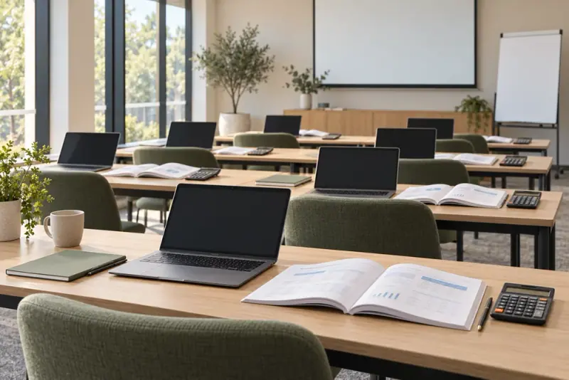 Illustrative scene: Empty professional training room with laptops, open accounting workbooks and calculators neatly prepared at individual desks.