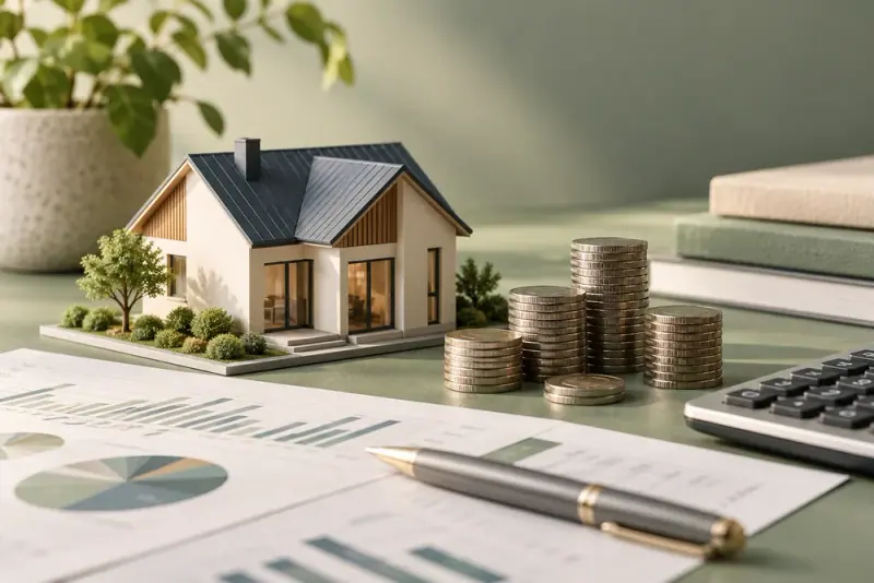 Illustrative scene: Architectural miniature house beside a stack of understated metal coins and financial documents, close still life on sage surface.
