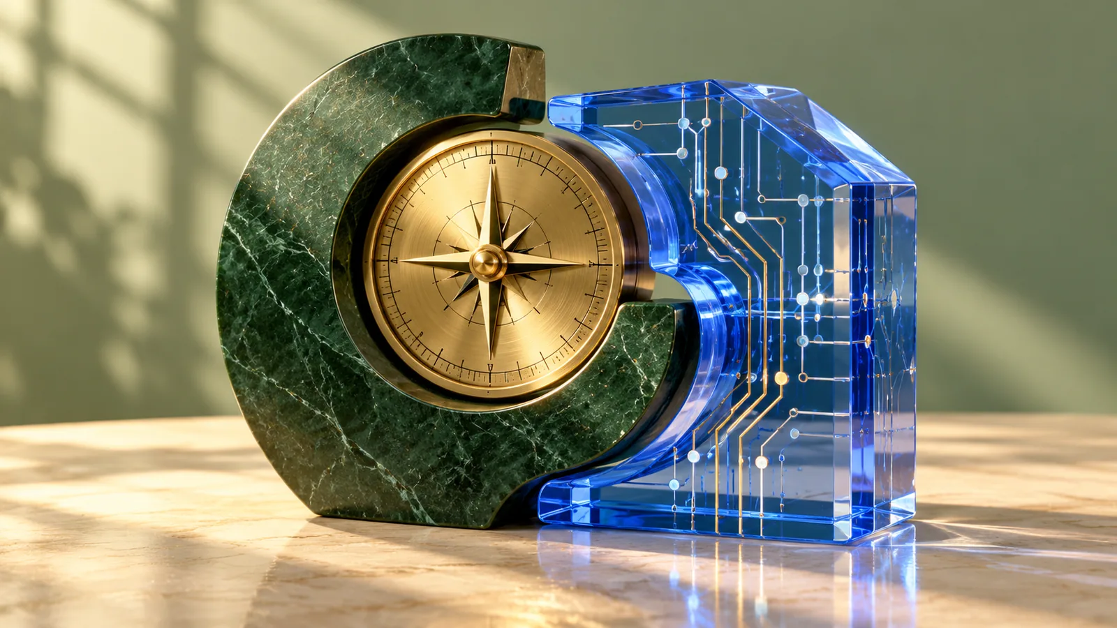 Interlocking green and blue sculptures representing business judgement and technical skills