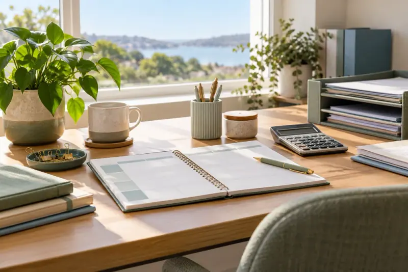 Illustrative scene: Care administration desk with weekly planner, calculator, tidy paperwork and a houseplant near a sunny window, no readable writing.