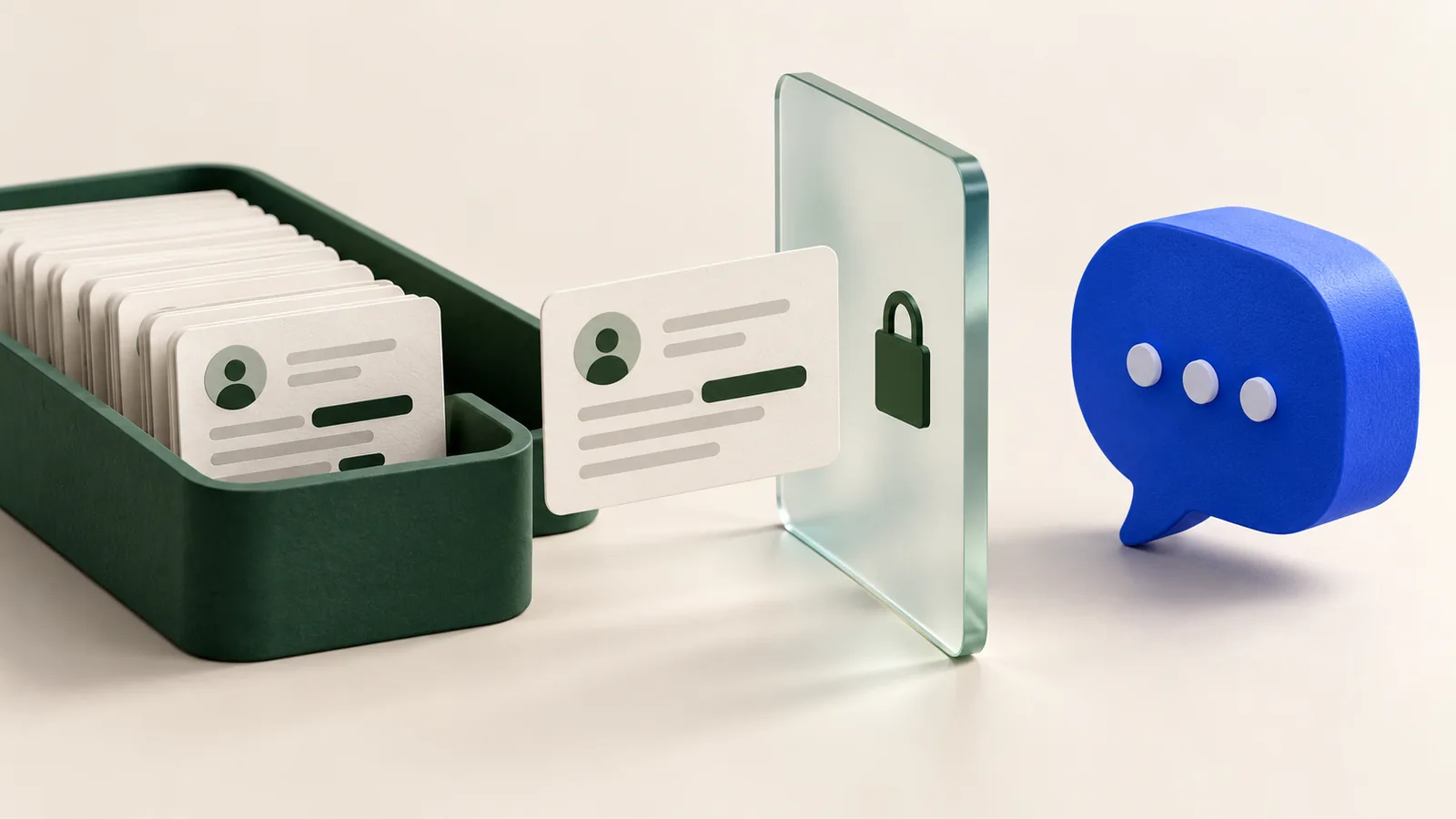 Customer record cards separated from a blue AI chat bubble by a privacy screen and lock