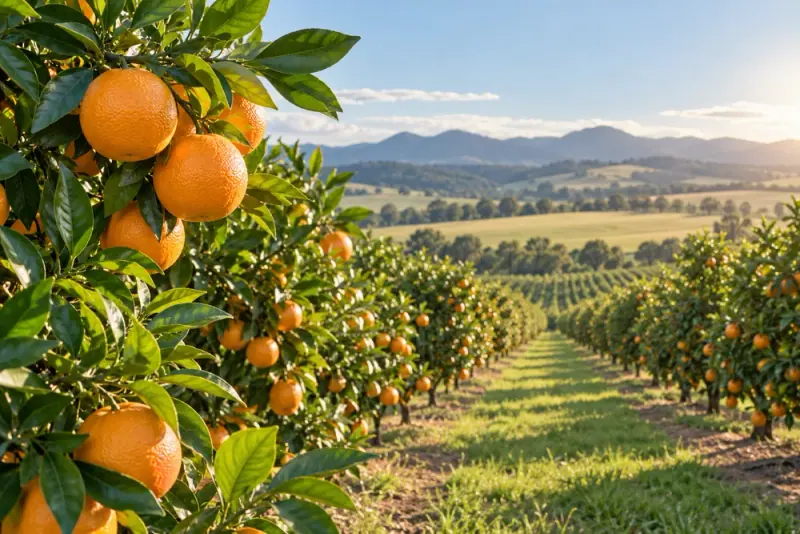 Illustrative scene: Lush Australian citrus orchard with ripe oranges prominent in foreground and orderly tree rows receding into sunlight.