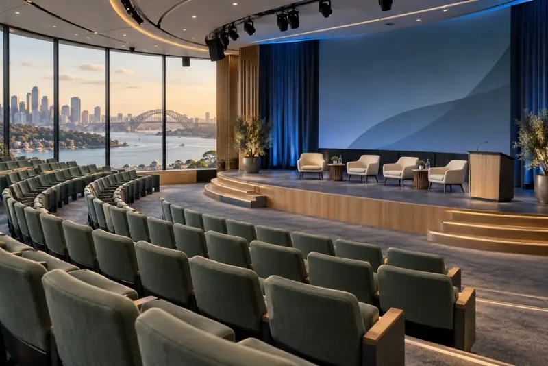 Illustrative scene: Elegant empty financial conference auditorium with curved seating and blue stage lighting, no writing.
