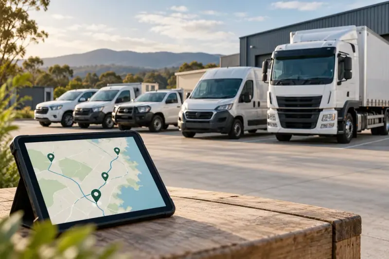 Illustrative scene: Row of modern commercial vehicles parked at a fleet depot, foreground tablet with abstract location route map, daylight.