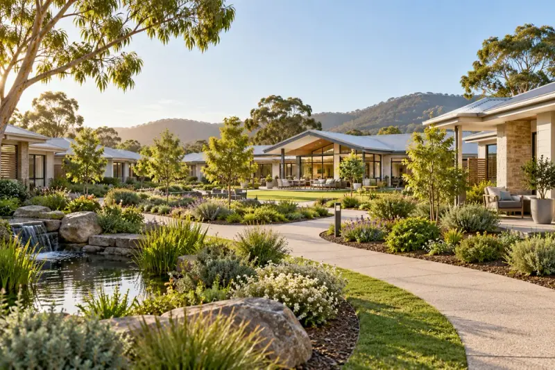 Illustrative scene: Peaceful residential retirement village garden with landscaped paths, contemporary single-storey homes and a clubhouse.