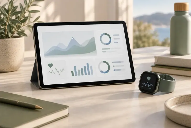 Illustrative scene: Tablet displaying an abstract unlabelled health dashboard beside a smartwatch on a clean pale desk, digital health still life.