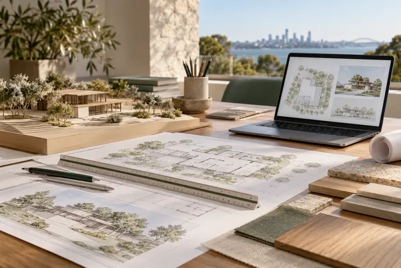 Illustrative scene: Architectural plans spread across a drafting table with scale model, ruler and laptop displaying unlabelled project diagrams.