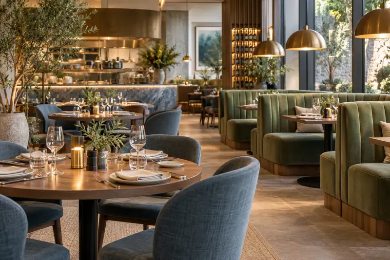 Illustrative scene: Contemporary restaurant dining room with beautifully set tables, warm pendant lights and sage upholstered booths, empty.