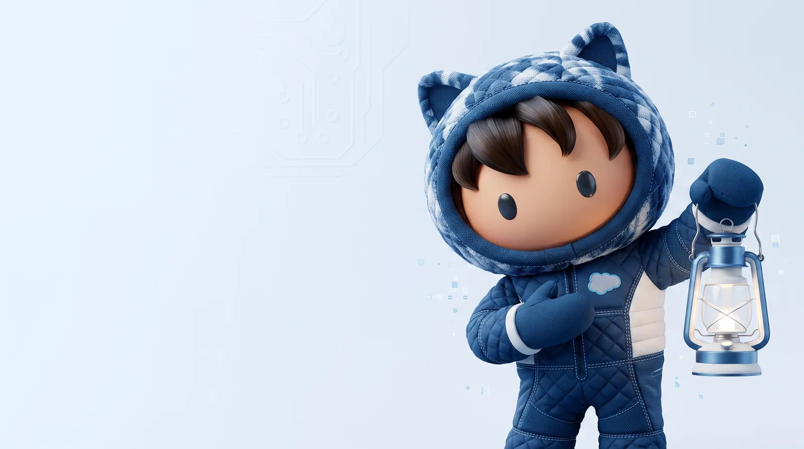 Winter-themed Salesforce character in blue knitwear holding a lantern