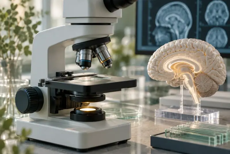 Illustrative scene: Neuroscience research laboratory close-up of microscope with glass slide and illuminated model of brain anatomy, realistic scientific equipment.