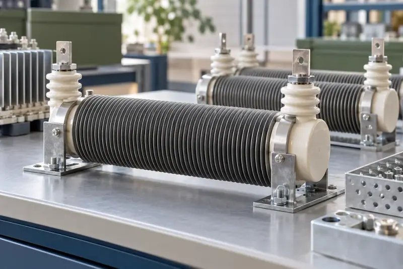 Illustrative scene: Close-up of industrial power resistor assemblies with ceramic insulators and metal cooling fins on a clean technical workbench.