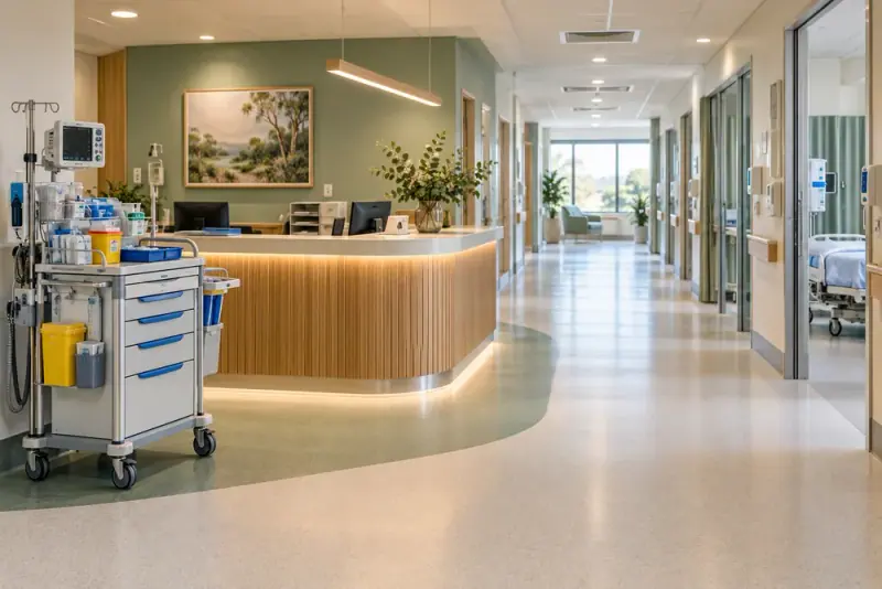 Illustrative scene: Quiet bright hospital nursing station with organised medical trolley, corridor and soft green accents, no people.