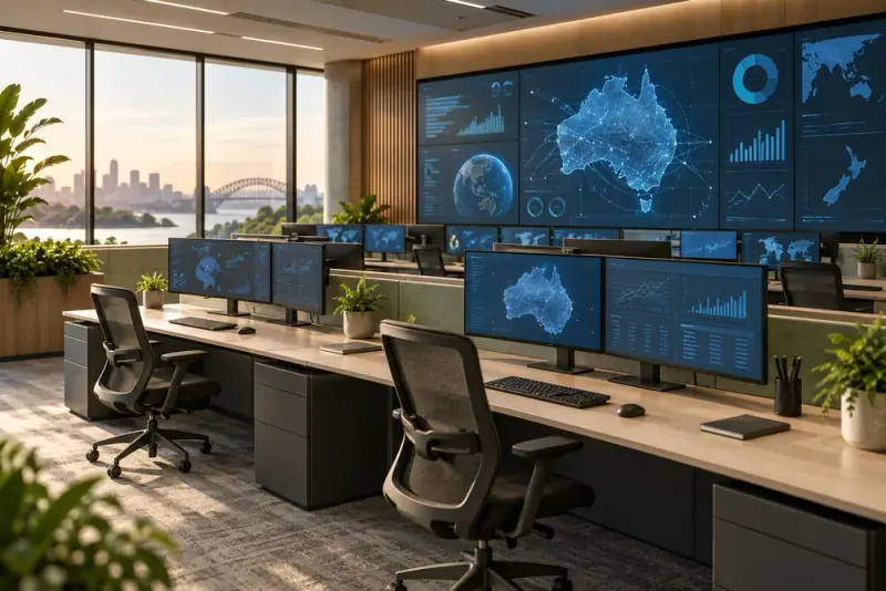 Illustrative scene: Contemporary enterprise operations room with wall displays of abstract blue data visualisations and empty ergonomic workstations.