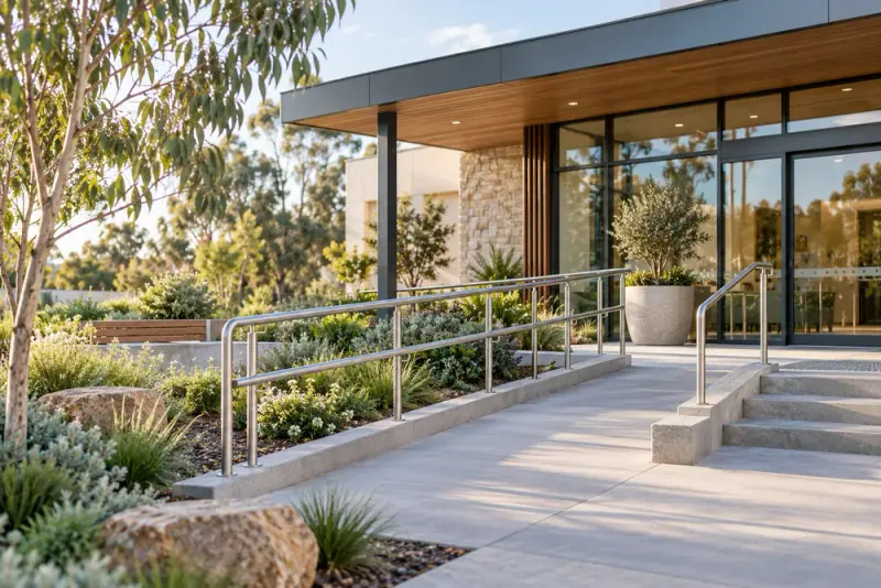 Illustrative scene: Accessible modern building entrance with gently sloping ramp, handrails and attractive landscaped garden, inclusive architecture.