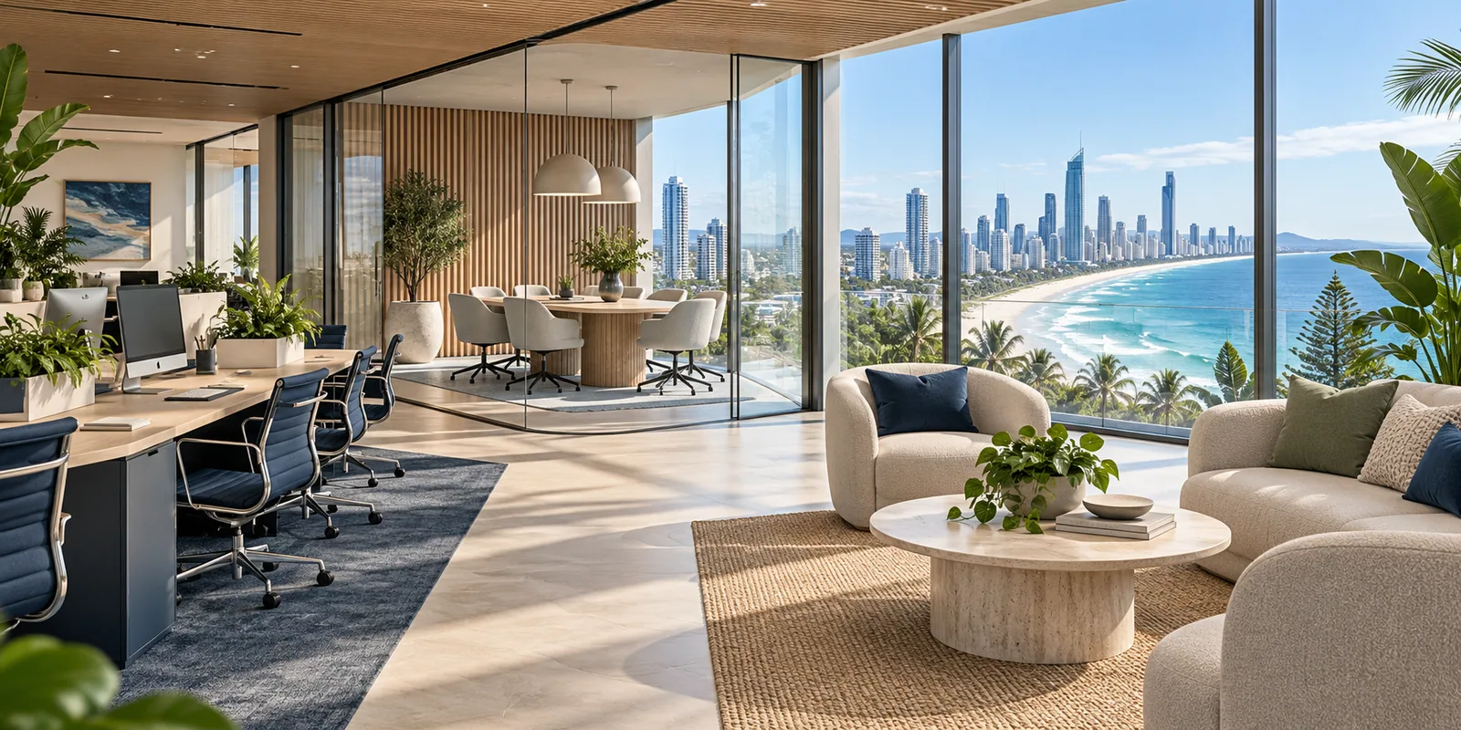 Concept illustration of a coastal office, not a photograph of Adaptal’s premises
