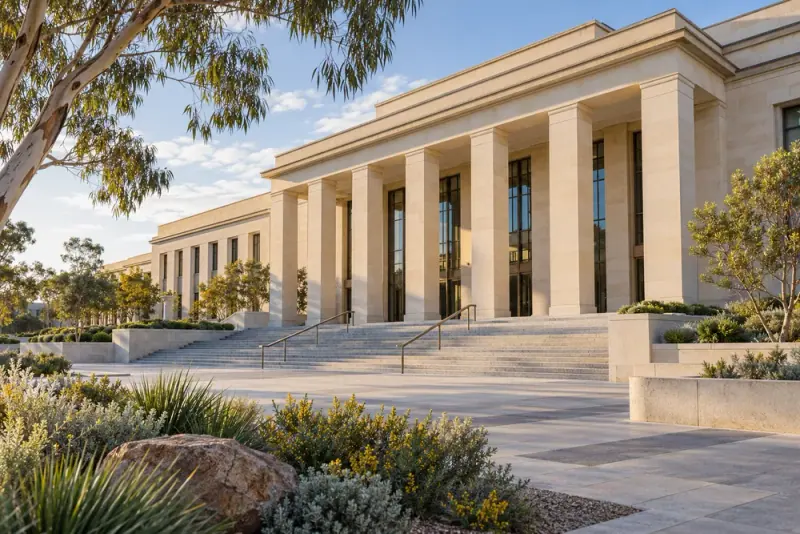 Illustrative scene: Civic public administration building with limestone columns, broad steps and Australian landscaping, dignified modern civic architecture.