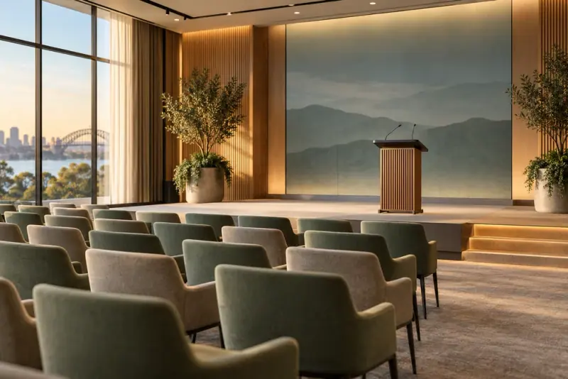 Illustrative scene: Empty leadership seminar room with modern stage, a single lectern and rows of comfortable seats, refined warm lighting.