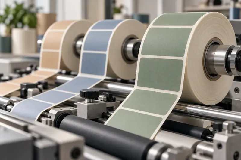 Illustrative scene: Macro editorial photograph of colourful blank adhesive label rolls on a precision printing machine, tactile paper and rollers.