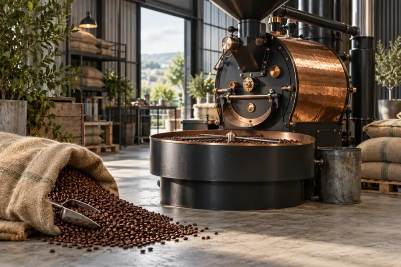 Illustrative scene: Industrial coffee roaster with copper drum and a burlap sack spilling roasted beans in a boutique roasting warehouse.