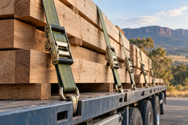 Illustrative scene: Close detailed photograph of bright ratchet tie-down straps securing timber cargo on a flatbed trailer, industrial safety equipment.