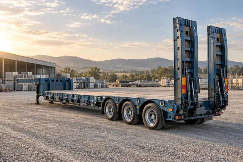 Illustrative scene: Long heavy-duty transport trailer parked at a spacious Australian logistics yard, low three-quarter angle, soft morning light.