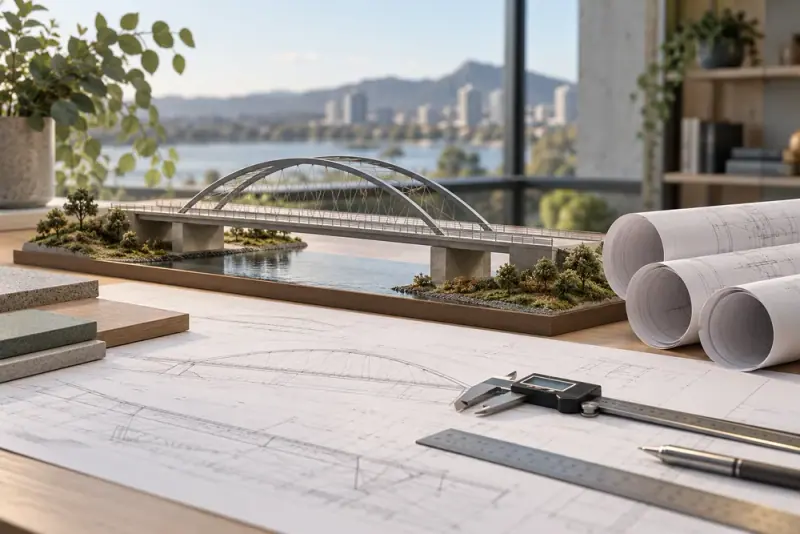 Illustrative scene: Engineering design desk with technical bridge model, digital calipers and neatly rolled technical drawings in architectural studio.