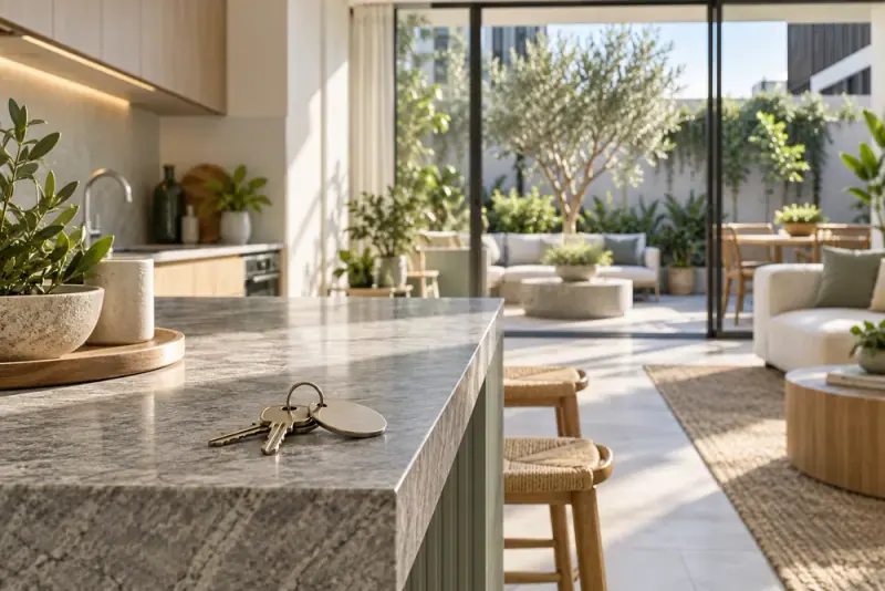 Illustrative scene: Sunlit contemporary apartment interior with keys on a stone kitchen island and courtyard beyond, property management concept.