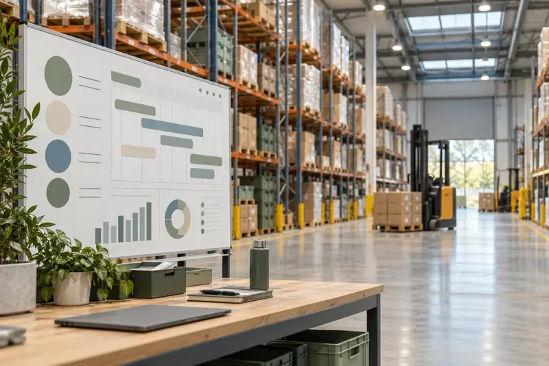 Illustrative scene: Industrial logistics warehouse with precisely organised racks and a foreground efficiency planning board with abstract shapes, no writing.