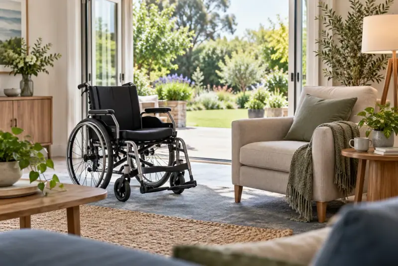 Illustrative scene: Welcoming accessible home living room with a wheelchair beside a comfortable armchair, garden visible through open doors.