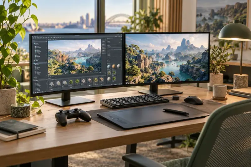 Illustrative scene: Game development workstation with dual monitors showing colourful abstract 3D environment terrain, controller and graphics tablet, no characters.
