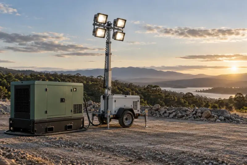 Illustrative scene: Industrial portable generator and mobile lighting tower at an empty outdoor worksite, rugged equipment, muted blue and green tones.