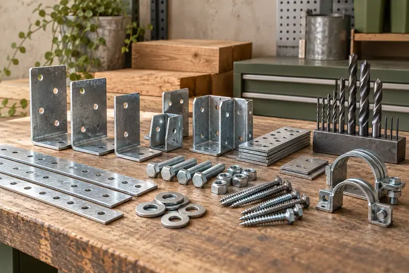 Illustrative scene: Neatly arranged industrial hardware, brackets, fasteners and drill bits on a workshop bench, tactile metal surfaces.