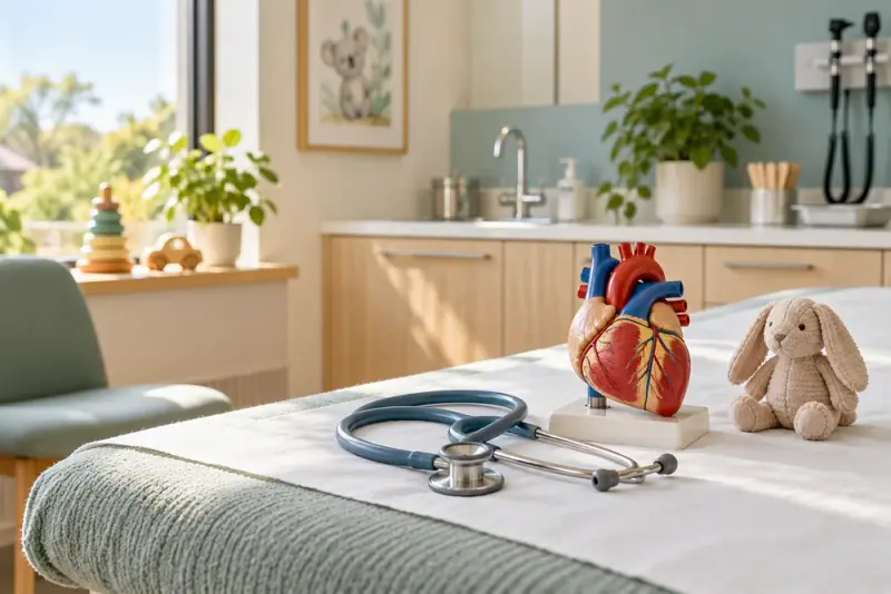 Illustrative scene: Bright paediatric medical room with a small stethoscope, heart anatomy model and a subtle toy on a clean examination table, no people.