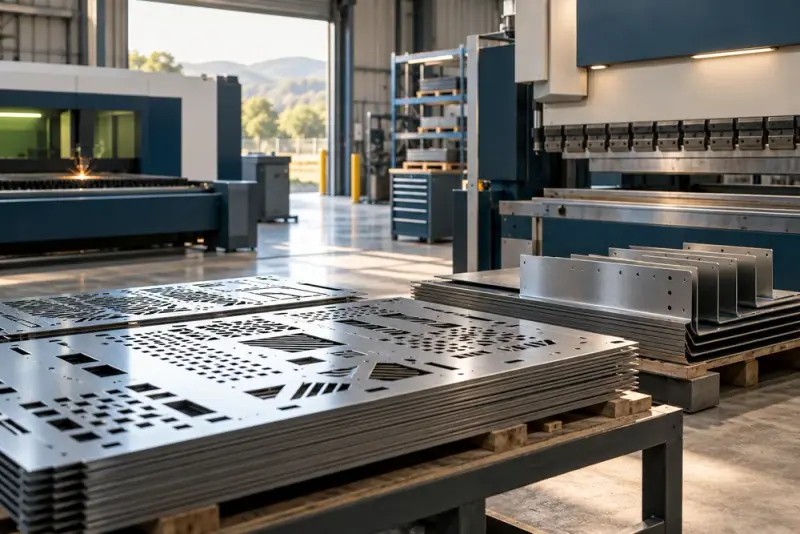 Illustrative scene: Sheet metal fabrication workshop with laser-cut steel panels and precision bending equipment, elegant industrial composition.